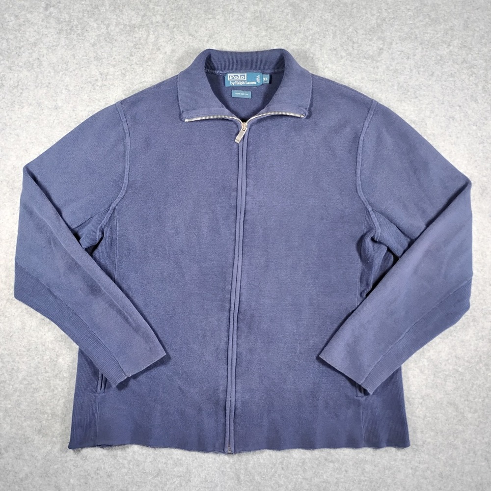 Polo Ralph Lauren Mens XL Navy Blue Cotton Full Zip Mock Neck Cardigan Sweater